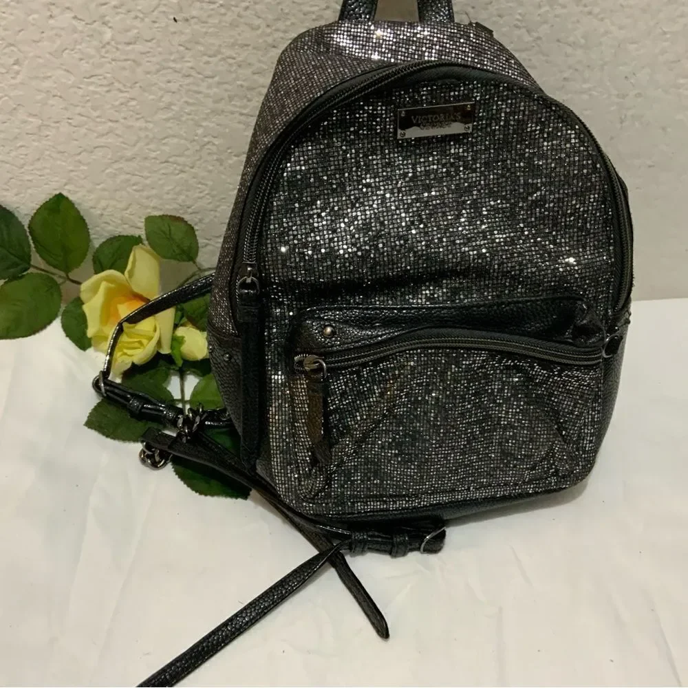 Discontinued Victoria's Secret Silver Sparkle Studded Small City Mini Backpack